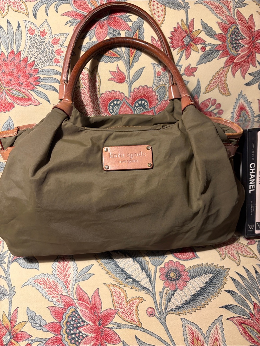 kate spade Olive Green Nylon Shoulder Bag with Tan Leather Trim
